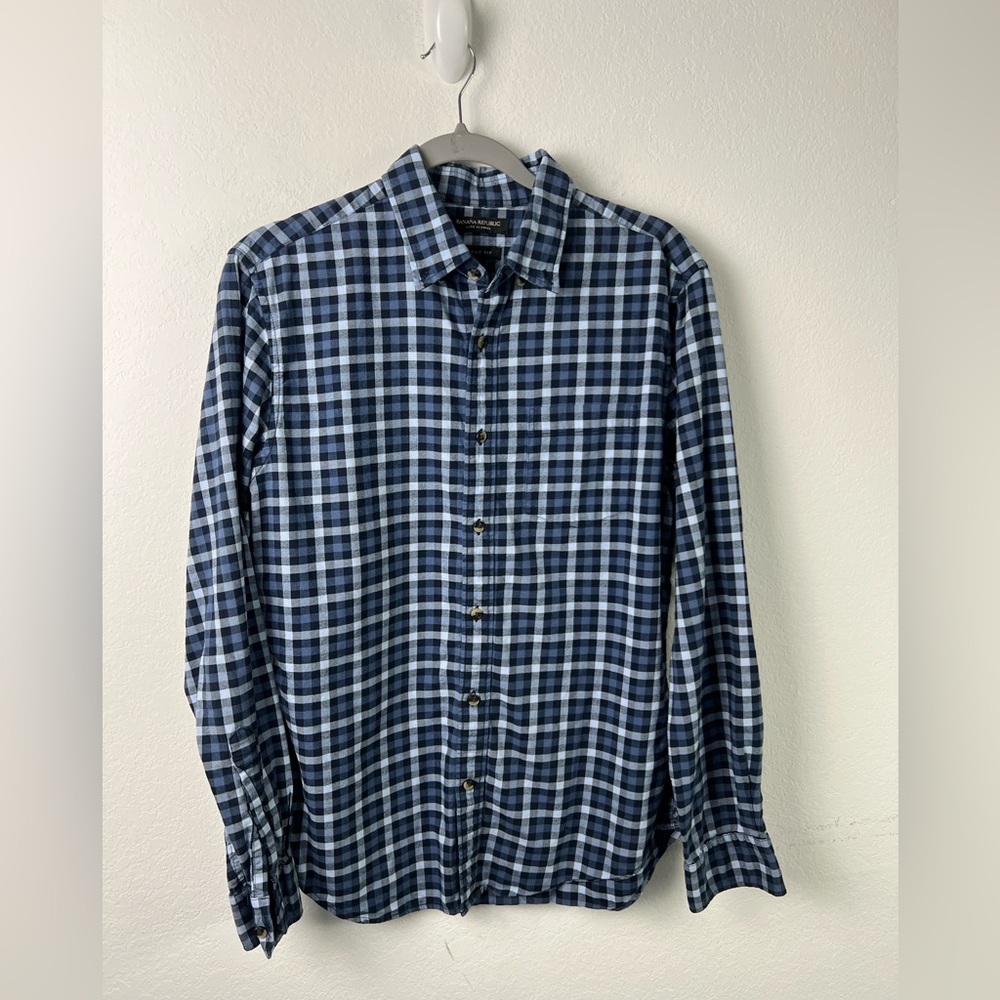 Banana Republic Blue Plaid Lux Flannel Grant Fit Cotton Button Down Fall Winter